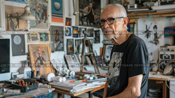 An elderly artist stands in a cluttered studio, surrounded by paintings, sketches, and various art materials. Sunlight filters through a window, illuminating the workspace. Стоковое AI-изображение, AI-художник Данила Большаков / Фотобанк Лори