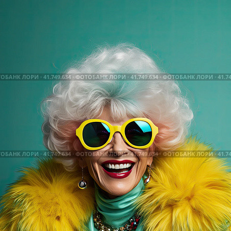 An elderly beautiful woman with bright dyed hair and sunglasses. Generated by AI. Стоковое AI-изображение, AI-художник Ярославский Максим / Фотобанк Лори