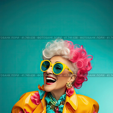 An elderly beautiful woman with bright dyed hair and sunglasses. Generated by AI. Стоковое AI-изображение, AI-художник Ярославский Максим / Фотобанк Лори