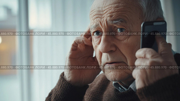An elderly man is talking on a smartphone. The smartphone is in the hands of an elderly pensioner. A pensioner's conversation with scammers. Стоковое AI-изображение, AI-художник Терехова Марина / Фотобанк Лори