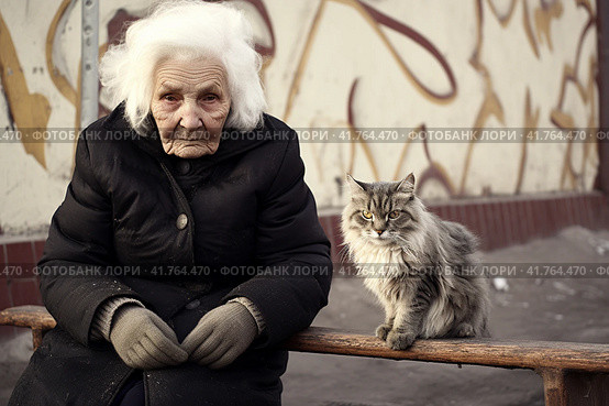 An elderly woman, a pensioner, on the street on a bench with a cat at the entrance.,  Generative AI. Стоковое AI-изображение, AI-художник Анна Кривицкая / Фотобанк Лори