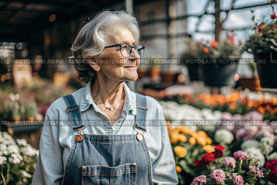 An elderly woman gardener with gray hair in overalls in a cozy flower greenhouse. The gardener takes care of the flowers. Стоковое AI-изображение, AI-художник Photojuli / Фотобанк Лори