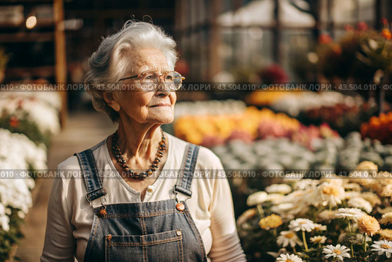 An elderly woman gardener with gray hair in overalls in a cozy flower greenhouse. The gardener takes care of the flowers. Стоковое AI-изображение, AI-художник Photojuli / Фотобанк Лори