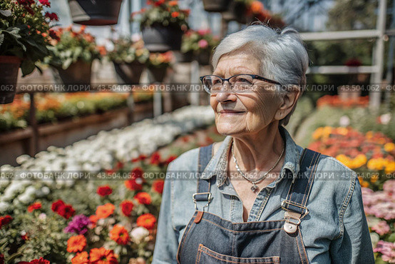 An elderly woman gardener with gray hair in overalls in a cozy flower greenhouse. The gardener takes care of the flowers. Стоковое AI-изображение, AI-художник Photojuli / Фотобанк Лори