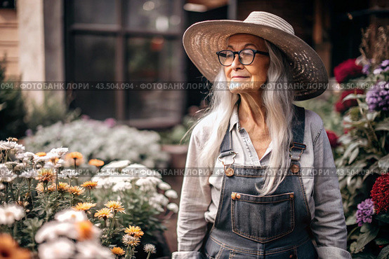 An elderly woman gardener with gray hair in overalls in a cozy flower greenhouse. The gardener takes care of the flowers. Стоковое AI-изображение, AI-художник Photojuli / Фотобанк Лори