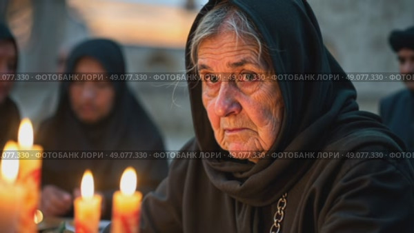An elderly woman in a black chador lighting candles at dusk, their flickering glow reflecting in her grief-stricken eyes, surrounded by quiet reverence. Стоковое AI-видео, аниматор Sergey Grishin / Фотобанк Лори