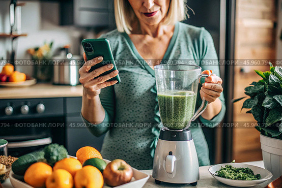 An elderly woman in the kitchen is looking at healthy food recipes on her phone and preparing a vegetable smoothie made from broccoli in a blender. Healthy detox diet drink. Стоковое AI-изображение, AI-художник Photojuli / Фотобанк Лори