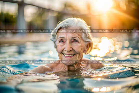 An elderly woman swims and does water aerobics in a heated pool, a happy and smiling retired woman. Recreational water sports. Стоковое AI-изображение, AI-художник Photojuli / Фотобанк Лори