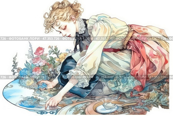 An elegant watercolor illustration in a fairy-tale style. A young girl with curly blond hair in an old-fashioned outfit leans towards a mirror surface decorated with flowers, petals and porcelain dishes. Her movements are gentle and attentive, as if she is collecting something very important or studying the reflection. The pastel-colored clothes, with many folds, ribbons and patterns, emphasize the atmosphere of romanticism and dreaminess. The illustration is permeated with soft light and subtle melancholy. Стоковое AI-изображение, AI-художник Анна Кривицкая / Фотобанк Лори