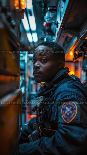An emergency responder sits in a rescue vehicle, preparing for an urgent mission in a bustling urban area at night. Стоковое AI-изображение, AI-художник Данила Большаков / Фотобанк Лори