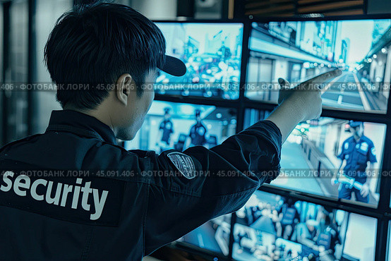 An employee of the security company watches the object through monitors for the object of protection. Стоковое AI-изображение, AI-художник Ярославский Максим / Фотобанк Лори