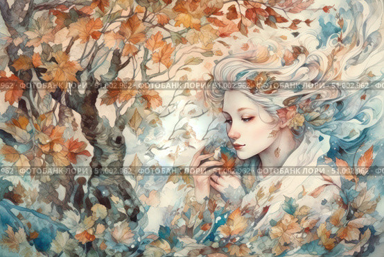 An ethereal and poetic illustration in watercolor: a beautiful girl with white flowing hair, surrounded by autumn leaves. Her appearance is harmoniously woven into nature - her face is filled with peace and soft thoughtfulness, and her hair seems to become part of the wind and foliage. The picture radiates a fairy-tale atmosphere, ideal for decorating books, postcards, art posters, interior decor and meditative projects. Стоковое AI-изображение, AI-художник Анна Кривицкая / Фотобанк Лори