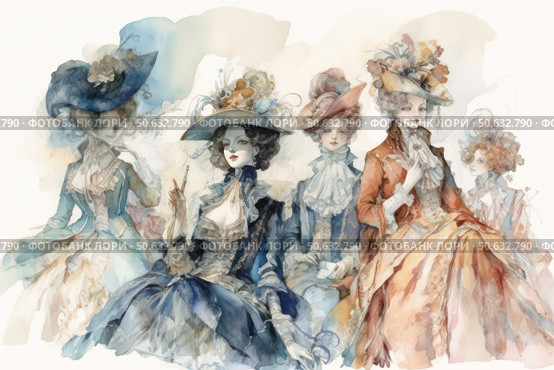 An exquisite 18th century watercolor illustration depicting a group of elegant ladies in luxurious historical attire. The women are dressed in lush dresses with lace, jabots and hats decorated with feathers and flowers. The refined pastel color palette emphasizes the atmosphere of an aristocratic salon. The composition conveys the spirit of the Rococo era, elegance and social conversation. Стоковое AI-изображение, AI-художник Анна Кривицкая / Фотобанк Лори