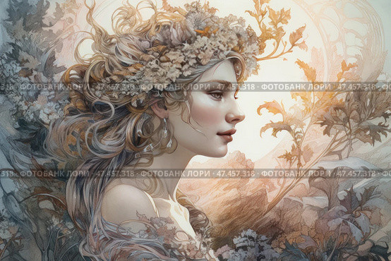 An exquisite digital illustration of a girl in profile, executed in the Art Nouveau style. Her face is refined and light, with soft shadows and expressive features. Her hair is wavy, decorated with a wreath of dried flowers and leaves, which organically blend into the surrounding background, creating a single harmonious artistic space. Warm sunlight frames the figure, emphasizing lightness, calmness and connection with nature. The composition is dominated by pastel colors - beige, gray-blue, ocher. The atmosphere of the painting is gentle, ephemeral and poetic. Стоковое AI-изображение, AI-художник Анна Кривицкая / Фотобанк Лори
