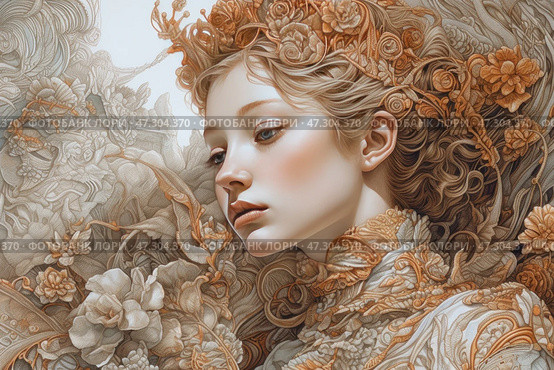 An exquisite female portrait composition in the Art Nouveau style. The girl with refined facial features is depicted surrounded by complex floral patterns that are smoothly woven into her hair and clothing. The color palette includes warm golden beige and cream shades, creating a sense of nobility and natural harmony. The ornaments resemble fine jewelry work, emphasizing the retro-romantic style. Her gaze is thoughtful, and the atmosphere of the image conveys a sense of eternity, beauty and sophistication. Стоковое AI-изображение, AI-художник Анна Кривицкая / Фотобанк Лори