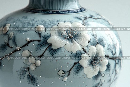 An exquisite porcelain vase decorated with a sophisticated floral pattern in Japanese or Chinese style. The surface of the vase depicts flowers with white petals, carefully drawn using thin lines and gradient transitions of blue. The contours of the flowers and branches are highlighted with thin golden lines, giving the composition elegance and sophistication. The petals and buds seem voluminous due to the detailed painting and light glossy shine of the porcelain. Стоковое AI-изображение, AI-художник Анна Кривицкая / Фотобанк Лори