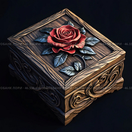 An exquisite wooden box decorated with carvings and a three-dimensional image of a red rose with metal leaves. The box is made in an antique style with rich decorative elements that emphasize its artistic value. The dark background creates a contrast, focusing attention on the details of the product. The warm shade of wood harmonizes with the cold metal inserts, making the box an elegant item for storing jewelry or memorabilia. Стоковое AI-изображение, AI-художник Анна Кривицкая / Фотобанк Лори