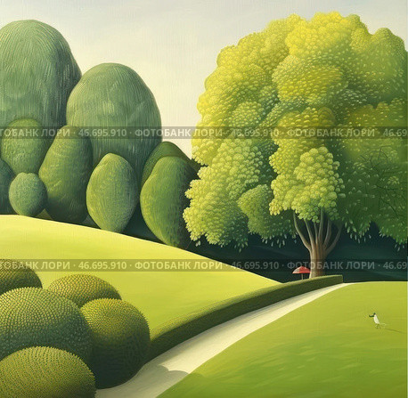 An idealized landscape in soft green tones, executed in a stylized, almost fairy-tale manner. The rounded shapes of the trees and bushes give the landscape smoothness and harmony. In the center of the composition there is a winding path leading deep into the scene, and in the distance, under a large tree, a small red umbrella is visible, creating a bright accent. In the lower right corner, a small white bird stands in the meadow, which adds liveliness to the picture. The atmosphere is filled with peace and lightness, conveying a sense of peace and solitude in nature. Стоковое AI-изображение, AI-художник Анна Кривицкая / Фотобанк Лори