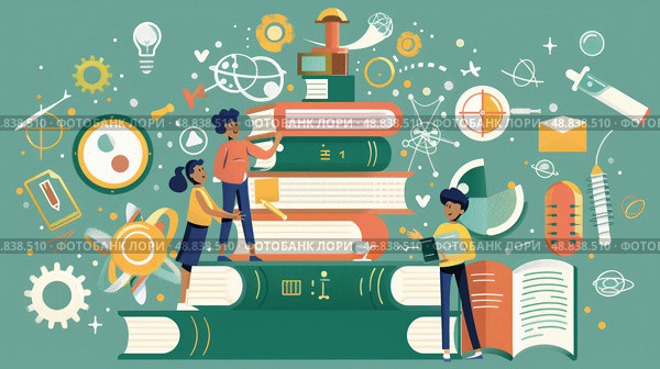 An illustration depicting three students standing on a stack of books, surrounded by colorful symbols representing knowledge and learning. Стоковое AI-изображение, AI-художник Данила Большаков / Фотобанк Лори