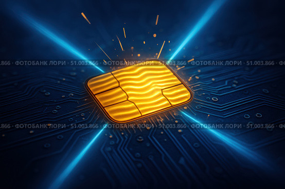 An Illustrative Representation of a SIM Card Surrounded by Dynamic Sparks and a High-Tech Circuitry Background, Symbolizing Connectivity and Modern Technology. Стоковое AI-изображение, AI-художник Башкирова Анна / Фотобанк Лори