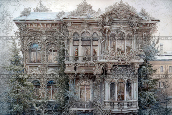 An image of a fabulous winter façade of a mansion in the Art Nouveau or Baroque style with an unusually refined decorative design. Intricate ornaments adorn the arches, cornices and balconies, creating the effect of lacy architecture. Soft lighting and silhouettes of people are visible through the windows, which gives the scene an atmosphere of coziness and life. In the foreground are snow-covered fir trees, and the background is done in a soft pastel palette. The illustration combines architectural detail and artistic fantasy, ideal for the themes of winter, architecture, art and magic. Стоковое AI-изображение, AI-художник Анна Кривицкая / Фотобанк Лори