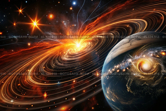An image of a magnetic storm, a solar flare covering the earth, the sun, the globe. Feeling unwell. Solar radiation. Стоковое AI-изображение, AI-художник Photojuli / Фотобанк Лори