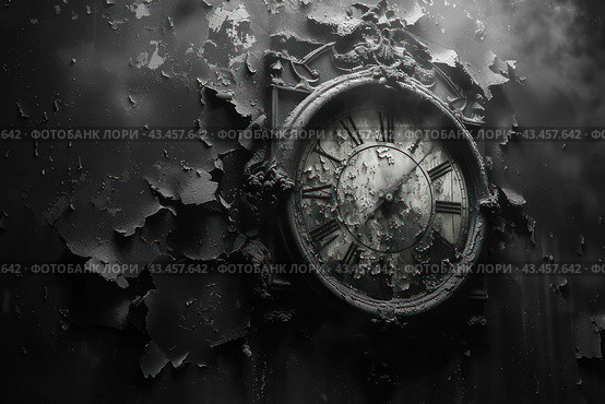 An image of an antique clock on a wall covered in layers of peeling paint and rust. The watch appears abandoned and worn by time, with hands missing or broken on the dial. The background is dark and gloomy, with a slight touch of smoke or fog, creating an atmosphere of desolation and oblivion. This image symbolizes lost time, decline and inevitable destruction, done in a dramatic and melancholic style. Стоковое AI-изображение, AI-художник Анна Кривицкая / Фотобанк Лори