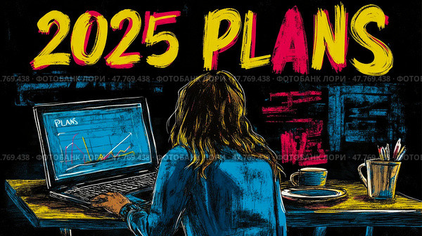 An individual focuses on plotting 2025 plans using a laptop displaying colorful charts, in a cozy workspace with a coffee cup. Стоковое AI-изображение, AI-художник Данила Большаков / Фотобанк Лори