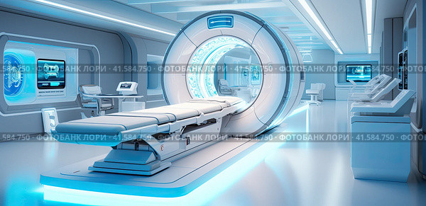 An MRI machine in a futuristic-style hospital. Generated by AI. Стоковое AI-изображение, AI-художник Ярославский Максим / Фотобанк Лори