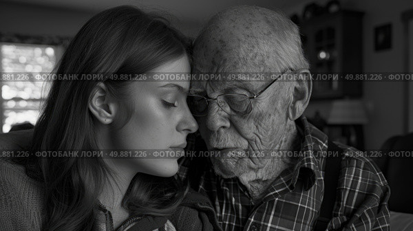 An old man and a young woman standing together, both looking intently at an object outside of the frame. Стоковое AI-изображение, AI-художник Данила Большаков / Фотобанк Лори