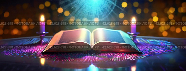 An open book with candles on a digitalized surface, mystic. Ancient tome lie on a futuristic interface, lights and data patterns surrounding. Panorama with copy space. Стоковое AI-изображение, AI-художник Igor Tichonow / Фотобанк Лори