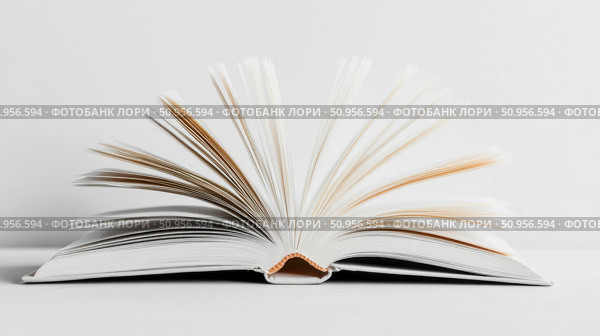 An open book with fanned white pages, conveying the concept of learning and endless possibilities, suitable for educational or literary applications. Стоковое AI-изображение, AI-художник Данила Большаков / Фотобанк Лори