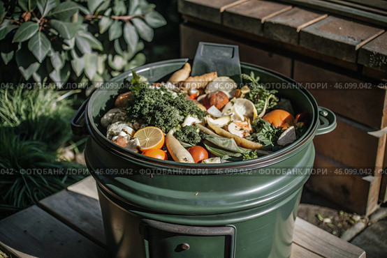 An open compost container with peels and fruit and vegetable clippings. Organic waste in a garden composter. Eco-friendly gardening, sustainability, ecology. Стоковое AI-изображение, AI-художник Photojuli / Фотобанк Лори