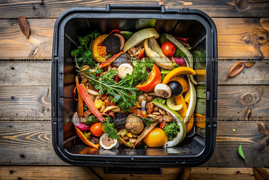 An open compost container with peels and fruit and vegetable clippings. Organic waste in a garden composter. Eco-friendly gardening, sustainability, ecology. Стоковое AI-изображение, AI-художник Photojuli / Фотобанк Лори