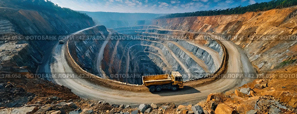 An open-pit mine with a large mining truck driving down the terraces. Heavy machinery in action within the expansive excavation layers. Panorama with copy space. Стоковое AI-изображение, AI-художник Igor Tichonow / Фотобанк Лори