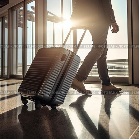 An unidentified businessman hurries to the airport building with his travel suitcase to board the plane. The concept o. Стоковое AI-изображение, AI-художник Ярославский Максим / Фотобанк Лори