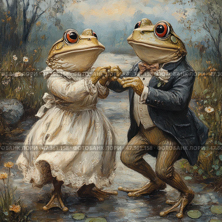 An unusual and charming painting in the style of realistic painting with a humorous touch: a pair of anthropomorphic frogs are dressed in wedding attire and dancing. The frog bride is in a white dress with lace, and the frog groom is in an elegant suit with a bow tie and a boutonniere. Their paws are gently clasped, their poses are graceful, the scene is full of warmth, romance and fairy-tale absurdity. The background is natural, with flowers, a path and light evening light, which gives the picture an atmosphere of a fairy-tale pastoral. Стоковое AI-изображение, AI-художник Анна Кривицкая / Фотобанк Лори