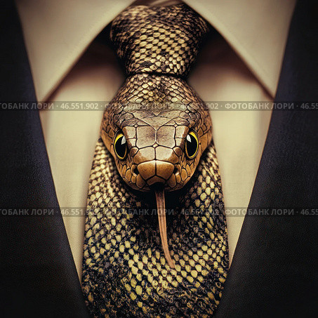An unusual and creative concept of a tie that looks like a real snake. Its texture, pattern and even the eyes create a realistic effect as if the snake is coiled around the collar of the shirt, sticking out its tongue. The man is dressed in a business suit with a white shirt and a black jacket, which creates a contrast between the formal style and the wild, dangerous aesthetic of the snake. This image can be interpreted as a symbol of cunning, power, danger or duplicity. Стоковое AI-изображение, AI-художник Анна Кривицкая / Фотобанк Лори
