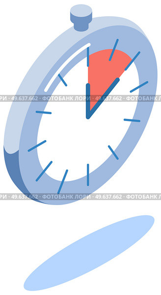 Analog clock isometric isolated on white. Symbol of time management, chronometer with hour and minute arrows. Clock with red area, time remaining until end of period. Countdown to deadline concept. Clock with red area, time remaining until end of period. Chronometer with hour and minute arrows. Стоковая иллюстрация, агентство Ingram Publishing / Фотобанк Лори