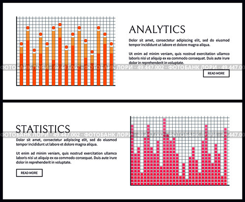 Analytics and statistics graphics on web pages with sample texts set. Bright visual charts with thin bars on coordinate systems vector illustrations.. Analytics and Statistics Graphics on Web Pages. Стоковая иллюстрация, агентство Ingram Publishing / Фотобанк Лори