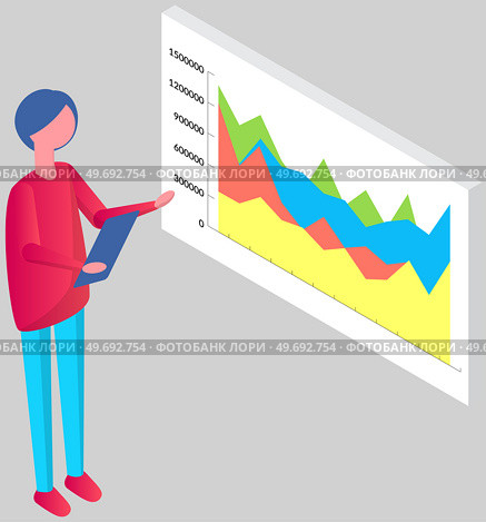 Analytics information and development statistics. Web analysis measure, product testing technology. Man analyses dashboard seo optimization, digital report. Statistical indicators and data on diagram. Man analyses digital report with data. Statistical indicators and graphic information visualization. Стоковая иллюстрация, агентство Ingram Publishing / Фотобанк Лори