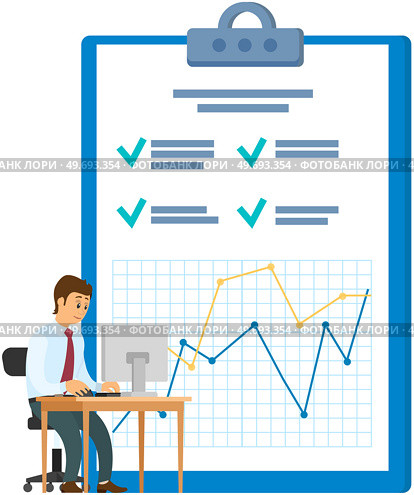 Analytics information and development statistics. Web analysis measure, product testing technology. Man analyses dashboard seo optimization, digital report. Statistical indicators and data on diagram. Man analyses digital report with data. Statistical indicators and graphic information visualization. Стоковая иллюстрация, агентство Ingram Publishing / Фотобанк Лори