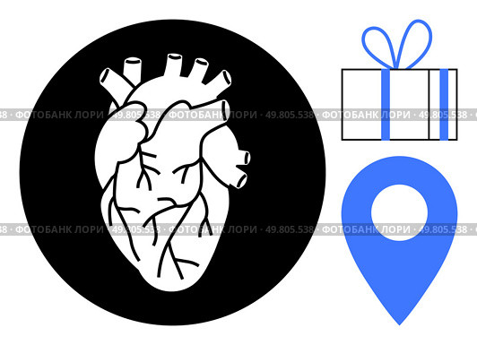 Anatomical heart in a black circle, geolocation symbol, and gift box with bow. Ideal for healthcare, navigation, gifting, celebration, emotions gratitude digital apps. Line metaphor. Anatomical Heart, Geolocation Symbol, and Gift Box Combined in Modern Design. Стоковая иллюстрация, агентство Ingram Publishing / Фотобанк Лори