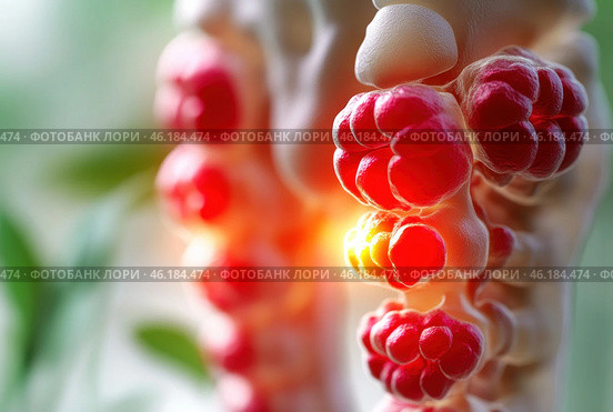 Anatomical illustration of the spine with pathological inflammation. The vertebrae are depicted in detail, and the intervertebral discs are highlighted in red, which symbolizes the inflammatory process or degenerative changes. The visual emphasis is placed on one of the sections of the spine, where there is an intense glow, emphasizing the pain syndrome or inflammation.The composition is made in a realistic style with elements of 3D graphics, which makes the anatomical image as clear as possible. The background is blurred and contains elements of nature, which can symbolize the interaction of medicine and the environment.The image can be used in medical illustrations, scientific articles, as well as in materials devoted to spinal diseases, such as osteochondrosis, radiculitis, protrusion or intervertebral hernia. Стоковое AI-изображение, AI-художник Анна Кривицкая / Фотобанк Лори
