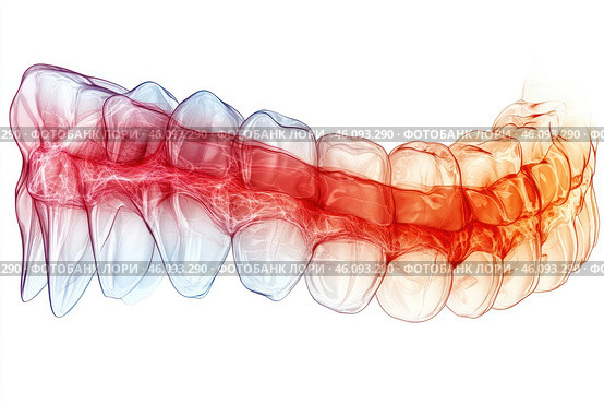Anatomical rendering of human teeth and gums in a translucent style reminiscent of an X-ray scan or medical 3D graphics. The teeth have a glass texture with blue and red hues symbolizing normal and inflamed areas. The red area along the gum line indicates possible inflammation, gum problems or periodontal disease. The design is done in a technological style, creating the feeling of a medical imaging or scientific research. Стоковое AI-изображение, AI-художник Анна Кривицкая / Фотобанк Лори