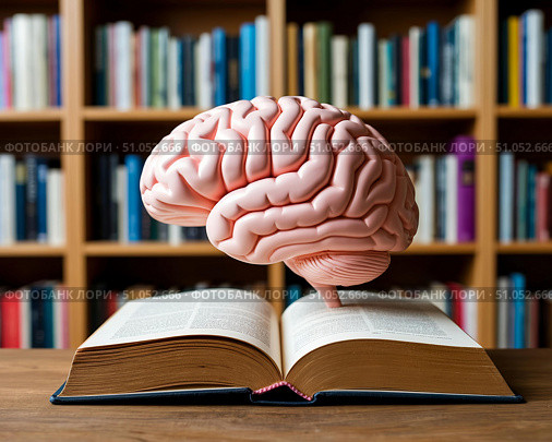 Анатомическая модель человеческого мозга, стоящая на книге в библиотеке. Концепция идеи. Стоковое AI-изображение, AI-художник Руслан Лесков / Фотобанк Лори