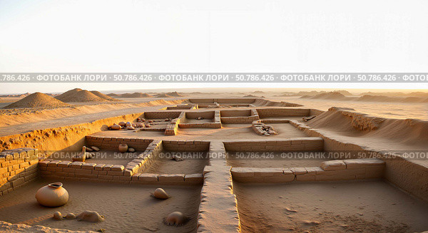 Ancient archaeological site with pottery and desert landscape. Стоковое AI-изображение, AI-художник Ольга Невская / Фотобанк Лори