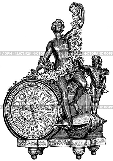Ancient Bronze Art. Pendulum clock. Gilt bronze. France, 18th century. Publication of the book "Meyers Konversations-Lexikon", Volume 7, Leipzig, Germany, 1910. Стоковая иллюстрация, иллюстратор Sergey Kohl / Фотобанк Лори