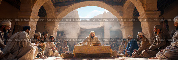 Ancient Gathering: A Man Addresses a Congregation in a Sunlit Courtyard. Стоковое AI-изображение, AI-художник Данила Большаков / Фотобанк Лори