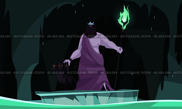 Ancient greek underworld god king of dead hades flat cartoon composition with three headed dog vector illustration. Стоковая иллюстрация, агентство Ingram Publishing / Фотобанк Лори
